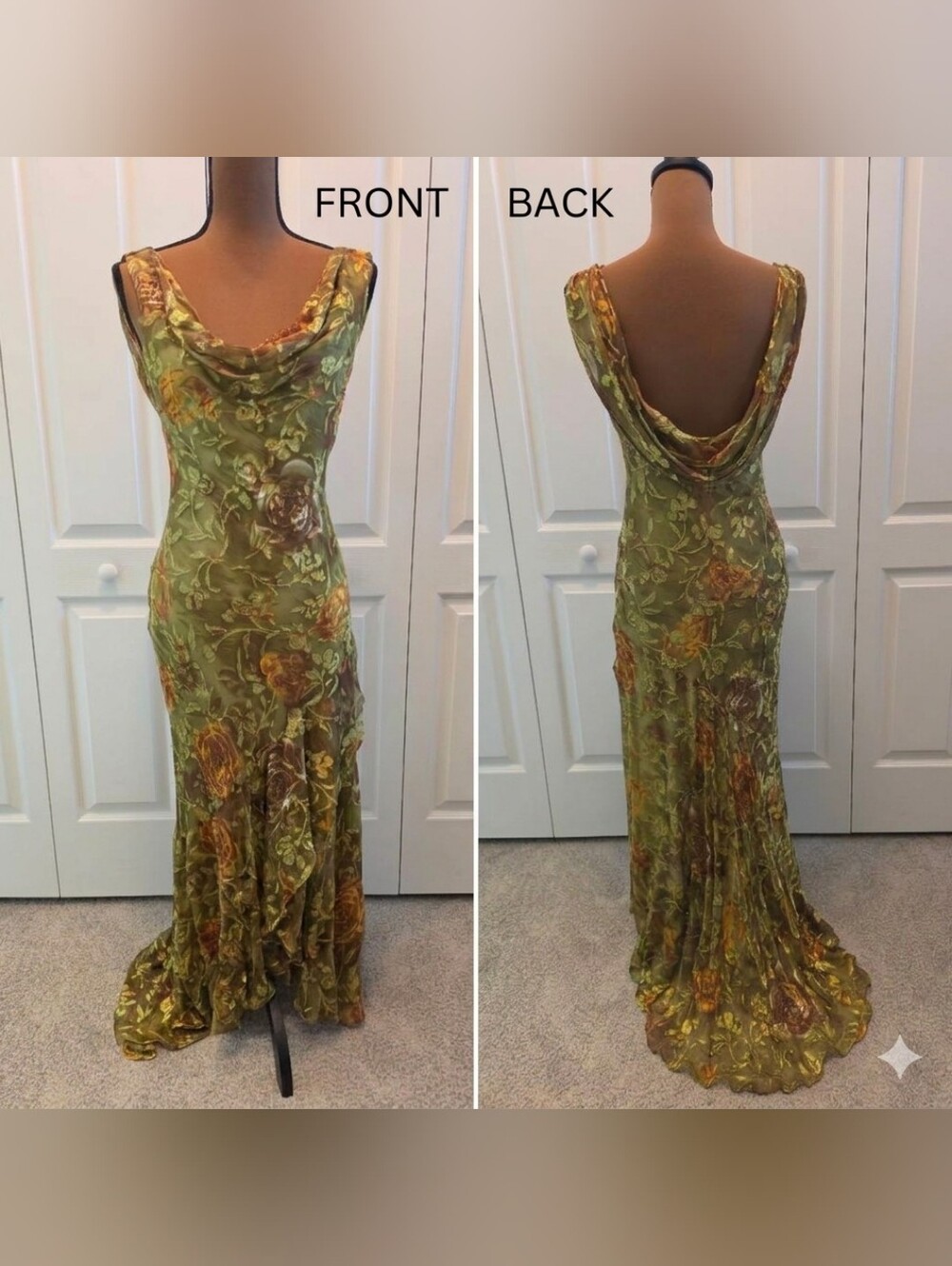 VTG Sue Wong Silk Blend Beaded Floral Cowl Formal Dress Green Devore Fairycore 8
